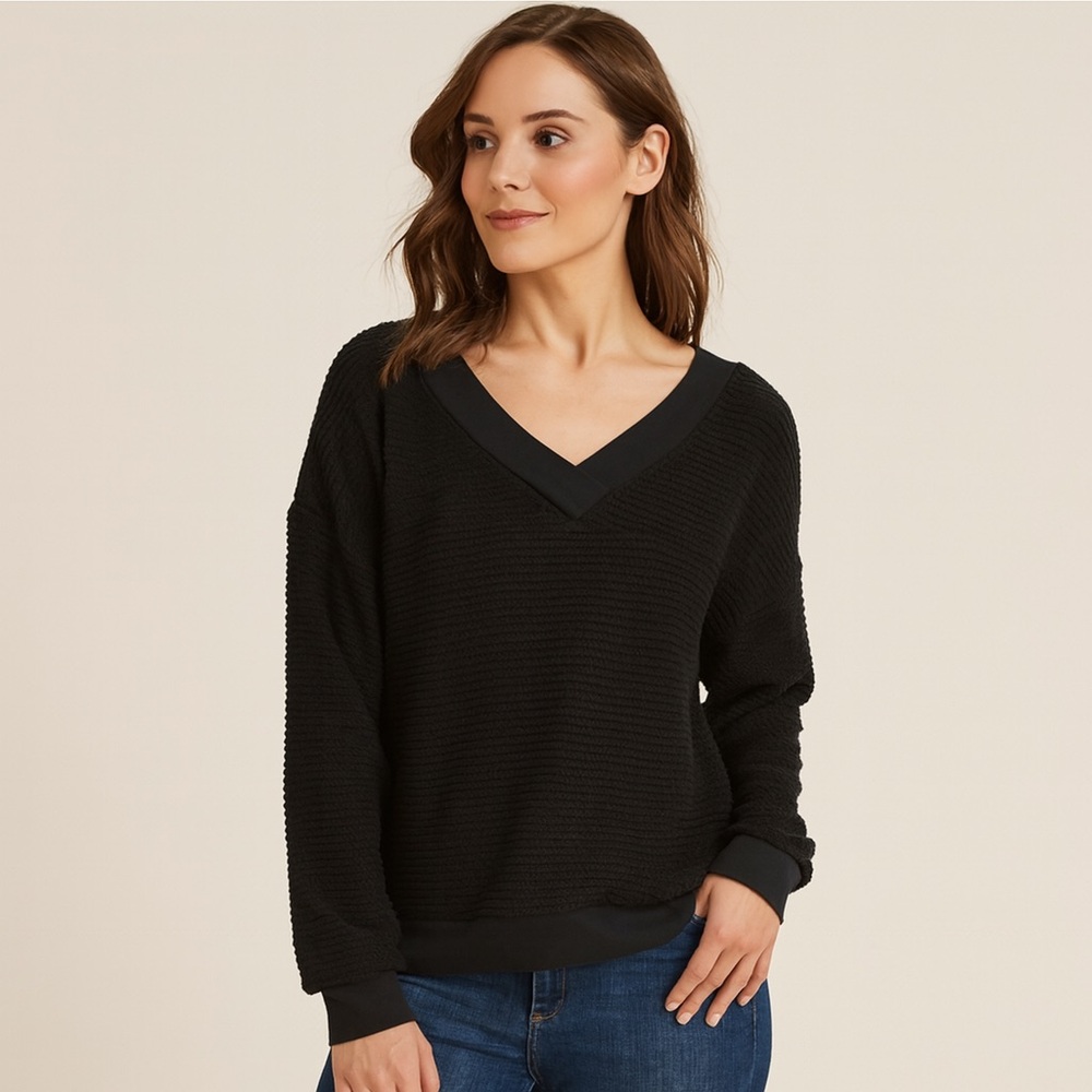 NWT Adreamly Black Loose Fit V-Neck Waffle Textured Long Sleeve Sweeter - Small